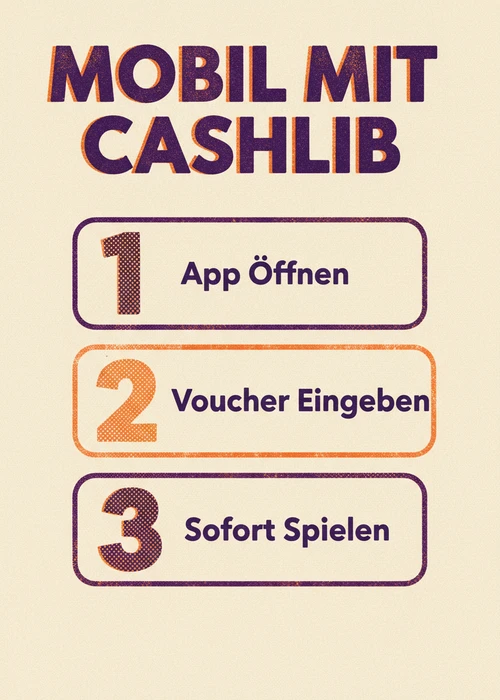 Mobil mit Cashlib einzahlen: App öffnen, Voucher eingeben und sofort spielen in drei Schritten.